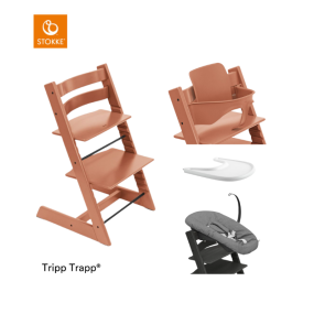 Stokke® High Chair Tripp Trapp® Terracotta + Newborn Set™ Anthracite + Baby Set™ Terracotta + Tray™