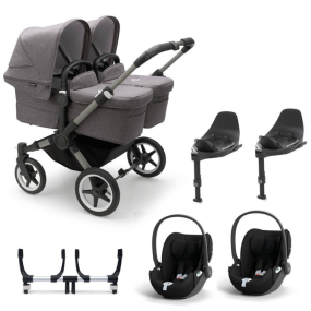 Bugaboo Donkey 5 Twin Pram 3 In 1 Graphite Grey Melange With Two Cybex Cloud T Group 0 Car Seats + Isofix Base