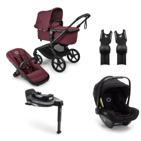 Bugaboo Stroller 3 in 1 Fox 5 Renew Complete Black | Dark Cherry + Bugaboo Group 0 Turtle Air Car Seat by Nuna Black + Rotating Isofix Base 360 + Car Seat Adapters